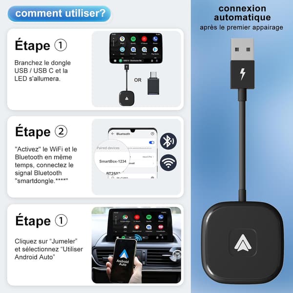 Langaton Android Auto -sovitin, Android Auto USB -dongle autostereoihin, joissa on OEM-langallinen Android Auto, langaton Android Auto