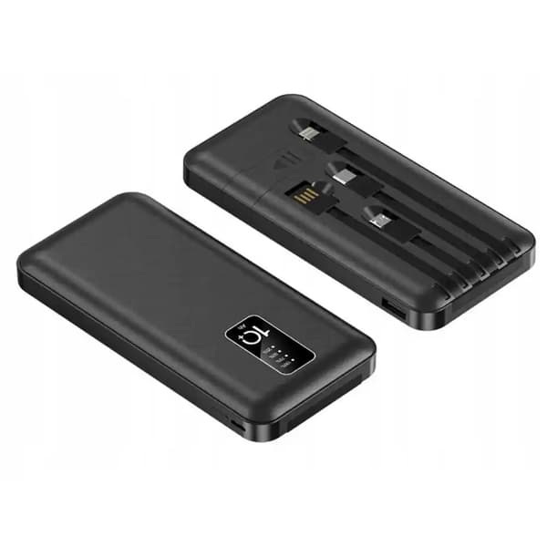 Powerbank 10 000 mAh med inbyggda kablar – USB-C, Lightning & Micro USB (LED-display)