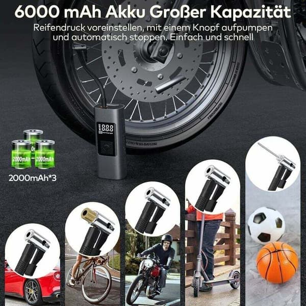 6000mAh Mini Elektrisk Luftpump, Portabel Luftkompressor Sladdlös Däckpump 150PSI med Digital LCD-Display, för Motorcykel
