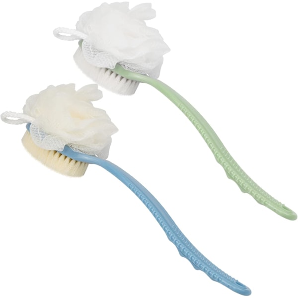 Duschborste med Borst och Loofah 2-pack, Ryggskrubbare med Böjt Långt Handtag Exfolierande Hud (Grön & Blå)