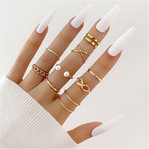 Boho Pärl Infinity Knuckle Ring Set Lyckonummer 8 Våg Twist Knuckle Ringar Kostym Stapelbara Ringar för Kvinnor Flickor Män (Guld)