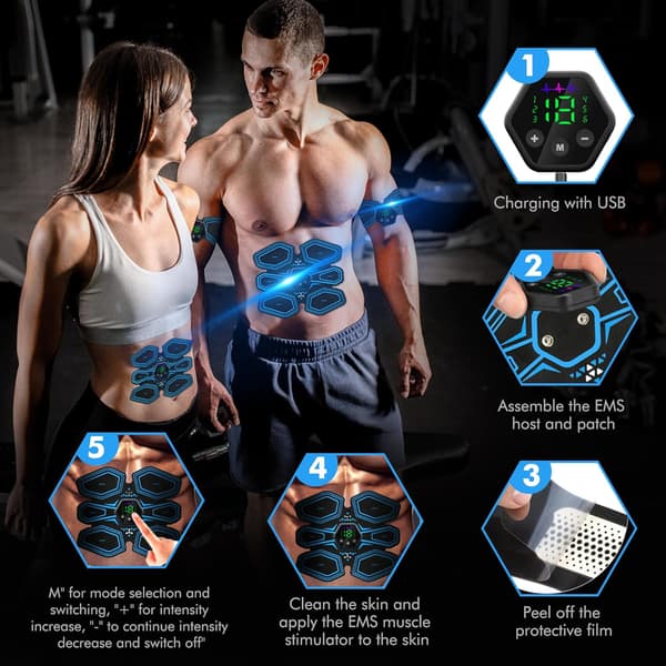 EMS Muskelstimulator, ABS Trener Muskelstimulator, 6 Moduser & 19 Intensiteter, USB Oppladbar