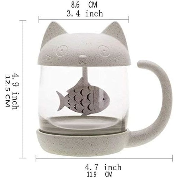 Söt Katt Mugg Glas Te Mugg Kopp med Fisk Te Infuser Sil Filter, Kawaii Cool Personlig Mugg Jul 250ML (8OZ)