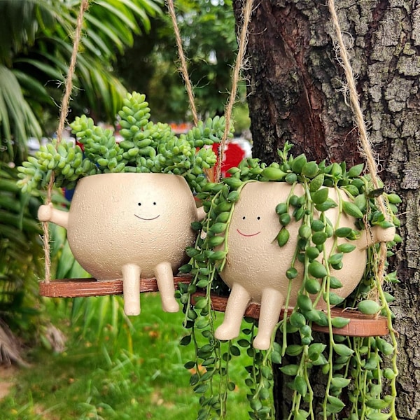 Swing Ansiktskruka, Hängande Kruka med Leende Ansikte, Små Hängande Blomkrukor i Resin med Huvud, Hängande Blomkrukor Inomhus Utomhus