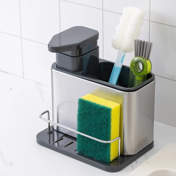Sæbedispenser | Køkkenorganizer til opvaskemiddel, opvaskebørste og svamp i rustfrit stål