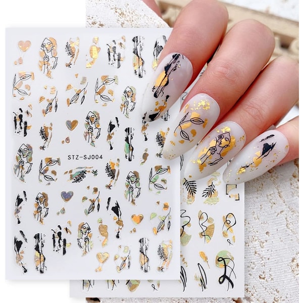 9 Ark Guld Abstrakt Nagelkonst Klistermärken Dekaler Självhäftande Svart Linje Damansikte, Blommor, Palmblad, Löv Design Manikyr Tips