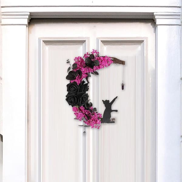 1 stk. 30 cm Måneformet Sort Kat Fuksia Blomst Rattan Krans til Høst Thanksgiving Halloween Jul