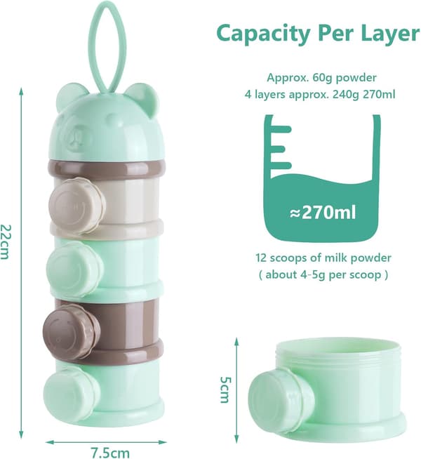 Melkedispenser, bærbar melkepulverdispenser med 4 rom og tut, stablebare bokser egnet for
