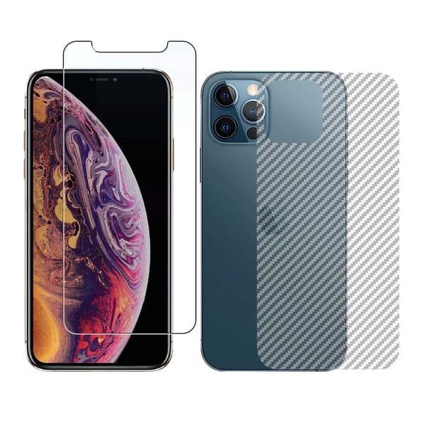 iPhone 12 Pro Max Skärmskydd + Kolfiber Baksidesskydd transparent