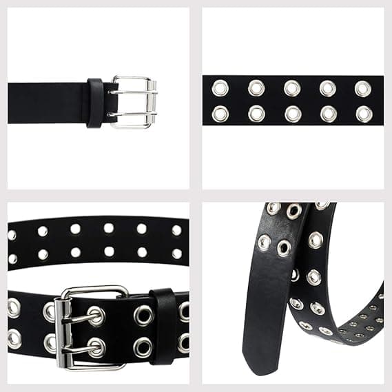 2-pack Dubbel Ögla Bälte, PU Läder Punk Bälte 2 Hål Ögla Jeans Bälte för Kvinnor Män, Multi, Medium