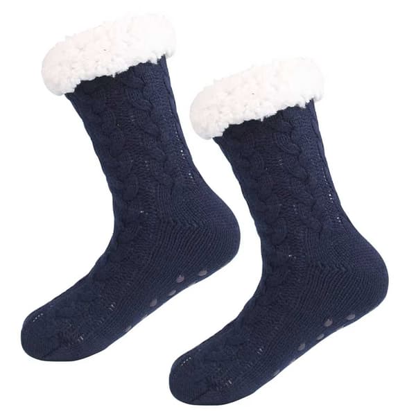 Furry varme strikkede sokker, hjemmesko med skridsikker blå one size blue