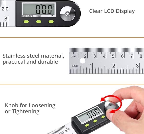 Digital Vinkelmåler Linjal 8 tommer Rustfritt Stål Digital Inclinometer Vinkelmåler med Data Hold Funksjon og Nullstilling