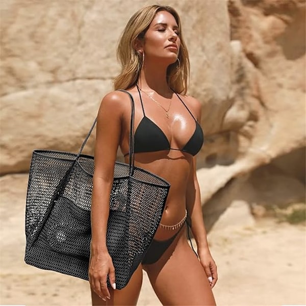Strandväska i Mesh, Casual Tote Bag Kvinnor Vikbar MAX Axelväska För Strand Picknick Semester Black
