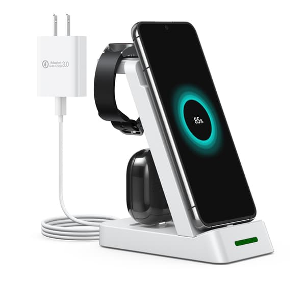 3-i-1 trådløs lader for mobil, Samsung smartklokke og hodetelefoner hvit