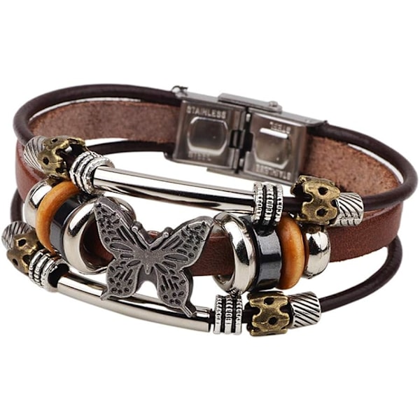 Bohemiska Läderarmband för Män, Kvinnor Vintage Punk Legering Fjäril Nyckel Justerbar Pärla Wrap Flerlagers Flätad Manschett Armband