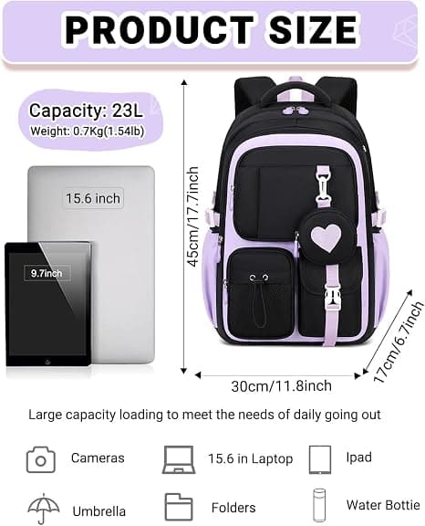 Barneskoletaske for jenter (3.-5. klasse), 20L, ergonomisk | Bryststropp | Vanntett | Kawaii