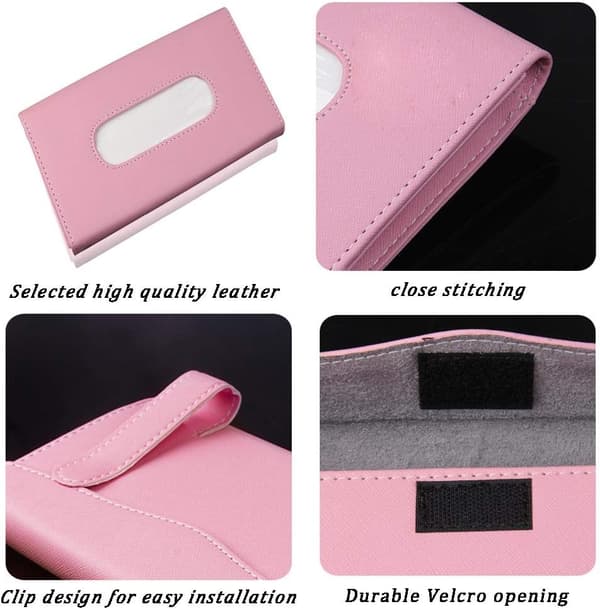 Læder Servietholder, Maskeholder, Rektangulær Solskærmsserviet, Maskedispenser, Premium Bilservietboks til bil, Køretøj (Sort) pink