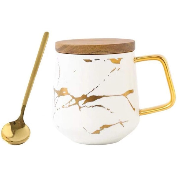 Porslinstekopp & Muggset för Afternoon Tea - Marmormönster (Vit, Hög 400ml + Trälock)