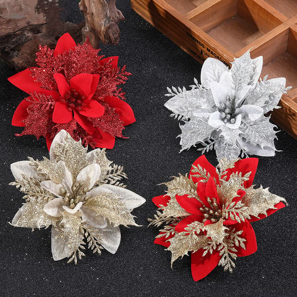 Glitter Julestjerne Kunstige Blomster - 12 stk. Lys Røde Ornamenter