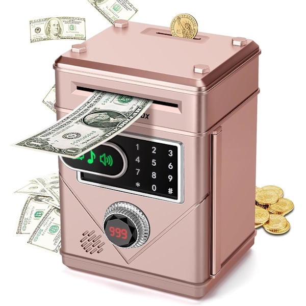 Spisgrisa för barn, elektronisk sparbössa med lösenord för pojkar och flickor, pekskärm, myntbank, bankomat, leksak Rose gold