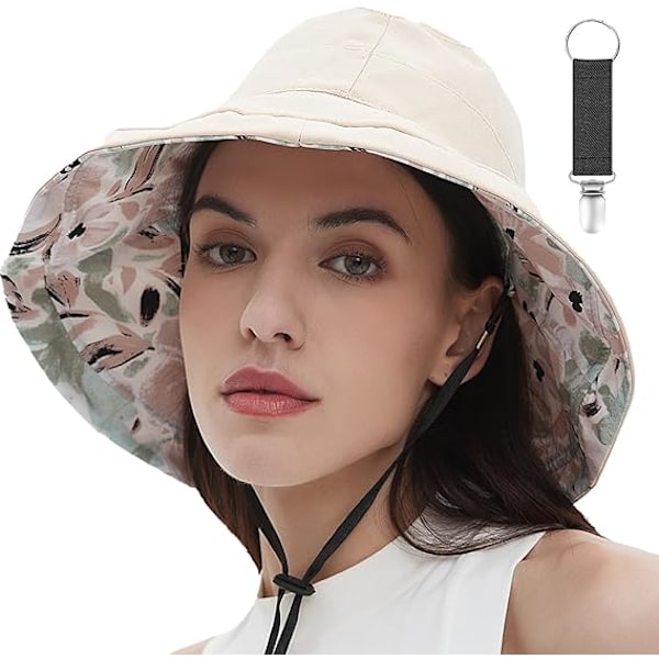 Solhattar för Kvinnor Bred Brätte Vändbar Hinkhatt Bomull Hatt Packbar Sommar Resemössa med Hattklämma, UV-Skydd Beige
