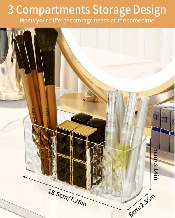 Pieces Makeup Organizer Opbevaringsboks, 3 Rum Makeupbørste Organizer Opbevaring, Makeupbørste Opbevaring