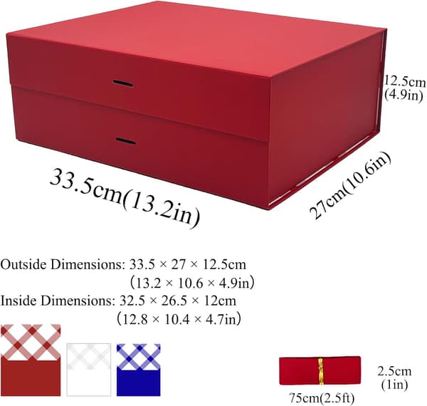 Tekhoho Röd Stor Presentask 33,5x27x12,5 cm, Premium Presentask med Magnetlock och Band