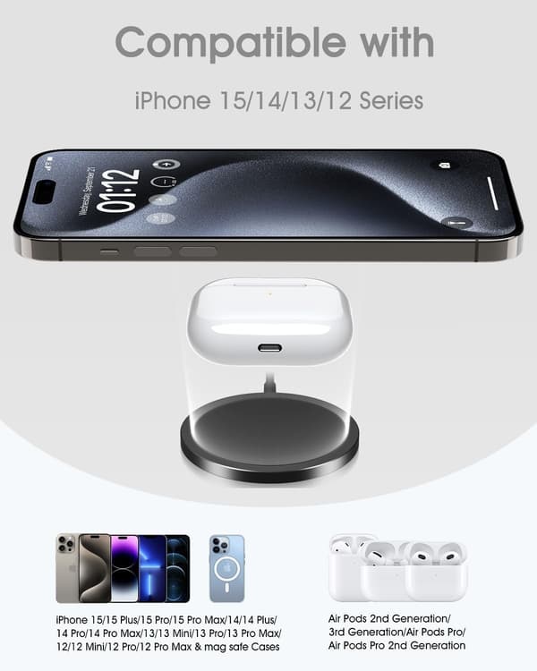 Apple MogSafe oplader, iPhone hurtig magnetisk oplader 15W, induktionsoplader kompatibel med iPhone 14/14 Plus/14 Pro/14 Pro (hvid)