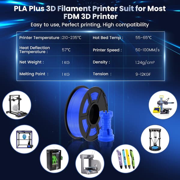 3D-printerfilament, 1,75 mm PLA+ 3D-filament, pent viklet filament, sterkt og robust, 1 kg spole (2,2 lbs), blå