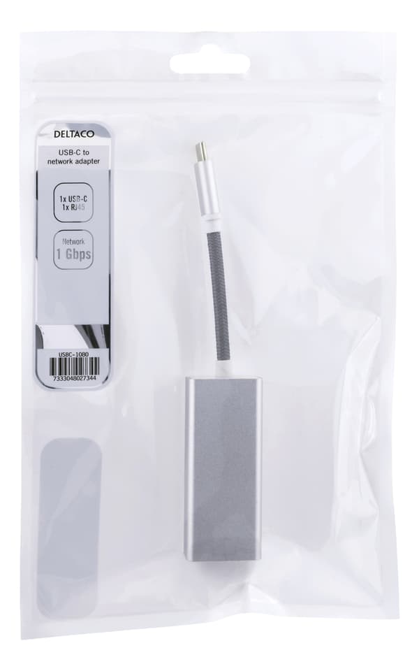 USB C nettverksadapter, Gigabit, RJ45, hvit pose, sølv