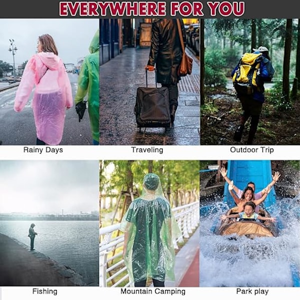 5-pack Engångs Regnponchos - One Size Regn med Huva och Ärmar Perfekt för Festivaler, Camping, Fiske, Nöjesparker etc