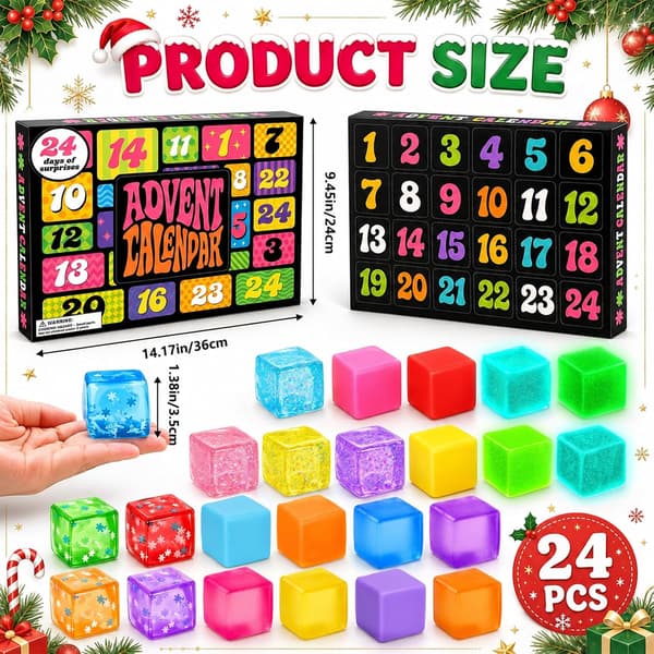 Jule-adventskalender med squishy terninger, farverig squishy stress-terning