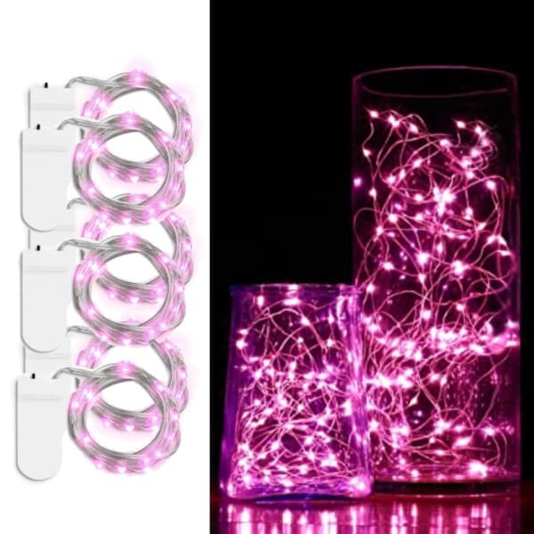 6-pak 1m Mini LED lyskæde batteridrevet lyserød pink