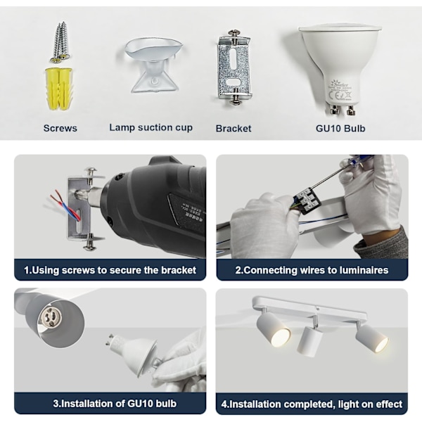 Takspotlight 3-vägs Lamphållare Vinkeljusterbar, Kallvit 6000K 5W 430LM (Glödlampa Ingår), Vit Roterbar GU10 Spotlight