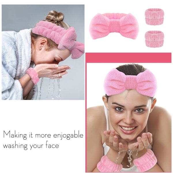 Sminkhårband, 1 st Svart Spa Hårband Fluffig Rosett Hårband Mikrofiber Ansiktshårband, och 2 st Handleds Spa Tvättband Absorberande Handledsband