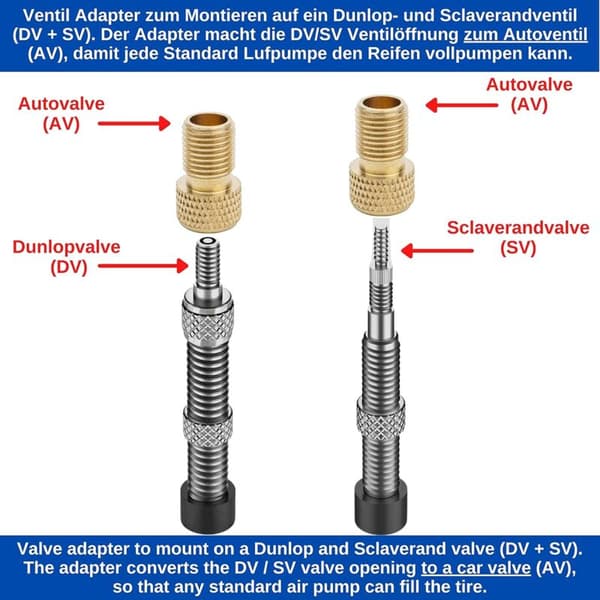 Sæt med 3 DV- og SV-cykelventiladaptere til ventil til bilventil med ekstra tætningsring, cykelventiladapter, adapter