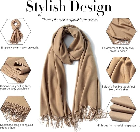 Pashmina-sjal og omslag for kvinner, til kveldskjoler, reise, kontor, vinterbryllup, kasjmirfølelse, store skjerf Solid Camel