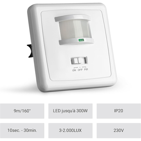Inomhus Rörelsedetektor, Infälld Väggmontering, Lämplig för LED, Infraröd Sensor, Programmerbar, 9m/160° Räckvidd