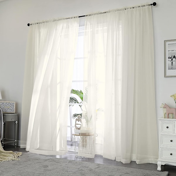 Skira gardiner 213 cm längd, elfenbensfärgade skira gardiner 2-pack för sovrum/vardagsrum, kanal för gardinstång, voile, 2 st
