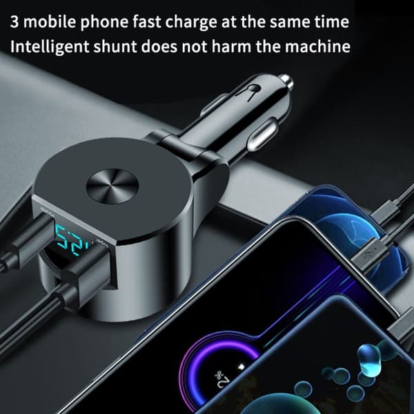 3-i-1 Uttrekkbar Billader 75W USB-C & USB-A Hurtiglading med LED Voltmeter, 12-24V