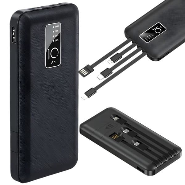 Powerbank 10.000 mAh med indbyggede kabler – USB-C, Lightning & Micro USB (LED-display)