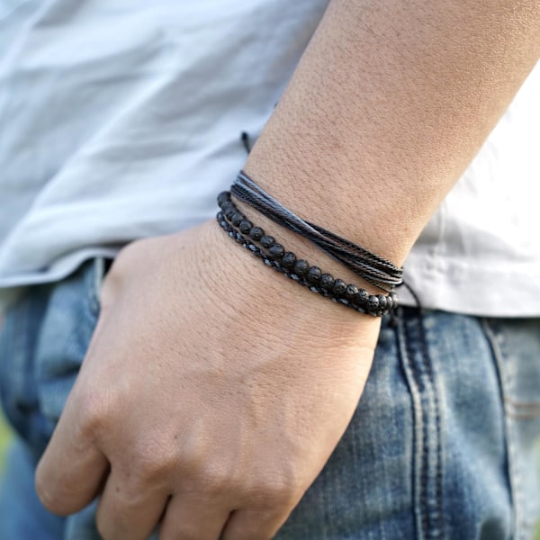 Handgjord armband med naturstenspärlor för healing - perfekt present till män - justerbar armband med rep (Lavasten, Justerbar)