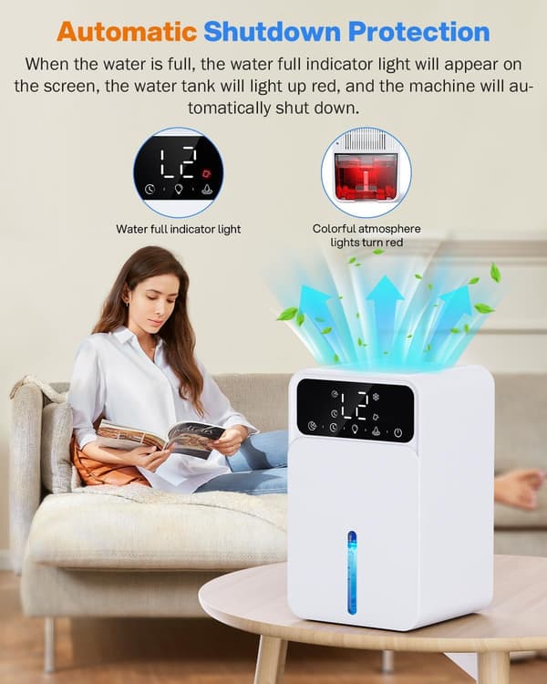 1500ML Elektrisk Luftaffugter, med 2 Niveauer og Sleep Mode, 7 Farve LED Lys, til Badeværelse/Soveværelse/Skab