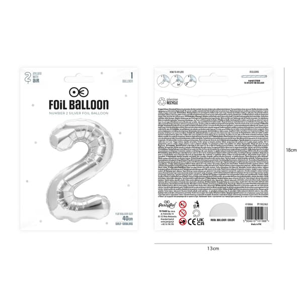 Folieballong Nummer 2 Sølv 40 cm silver