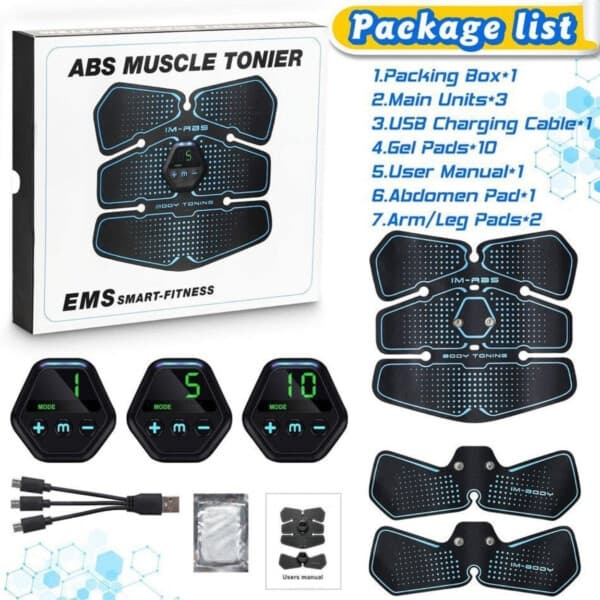 3-pak EMS Træner - Mave Arme Skuldre Ben Elektrisk Muskelstimulator Abs sort black