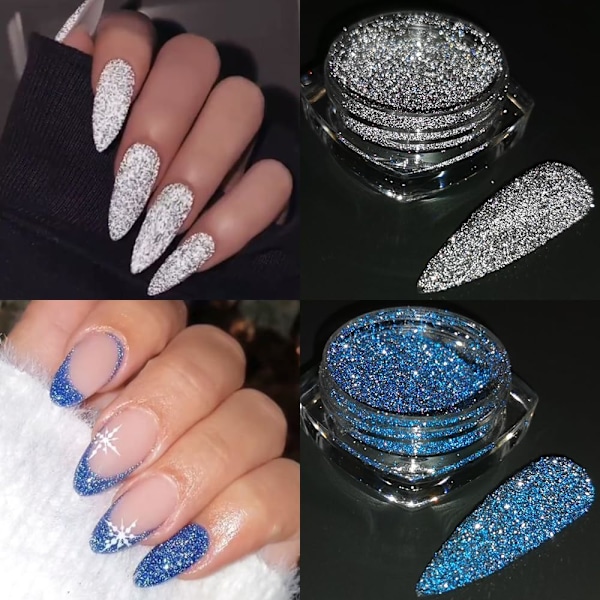 Reflekterande Glitterpulver Set, 7 Färger Glittrande Diamant Nagelglitter Damm, Silver Rosa Lila Grön Löst Glitter för Naglar