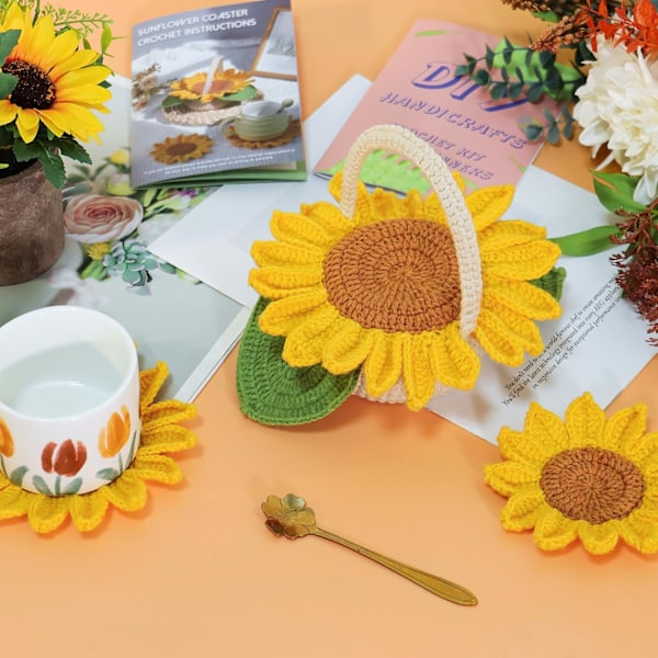 Virka Kit för Nybörjare, Virkade Underlägg Kit, Blomkruka Växt Virka Sticka med Virknål - Solros