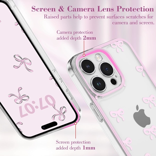 Skal för iPhone 14 Pro, Genomskinligt Sött Band Rosett Mönster Estetiskt Transparent Telefonskal Upphöjt Kameraskydd för Tjejer - Rosa iPhone 14PRO