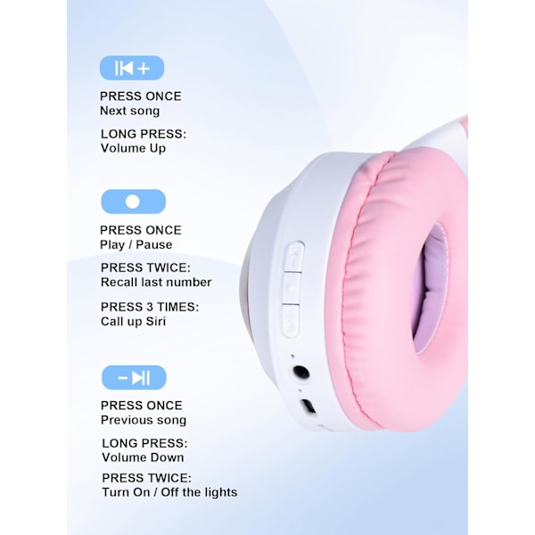 Trådlösa hörlurar/Bluetooth-hörlurar - Färgglada ljus/Vikbara/Stor batterikapacitet/Inbyggd mikrofon - Bluetooth 5.0/10 m rosa