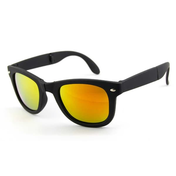 Sammenfoldelige sorte Wayfarer solbriller med røde spejlglas, sorte black